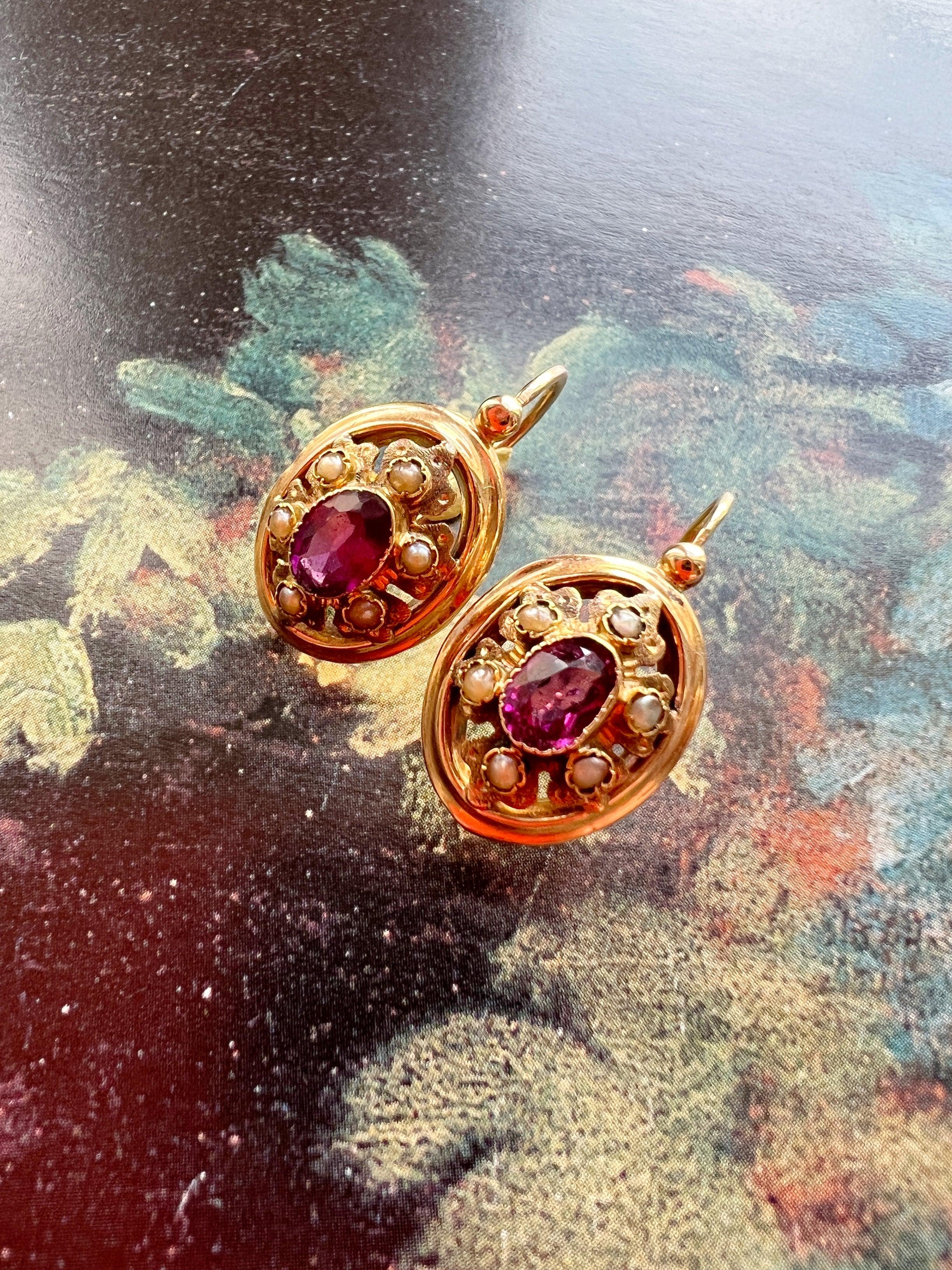 Beautiful Art Nouveau 18K gold Garnet Seed Pearl Dangle earrings - Curiously timeless