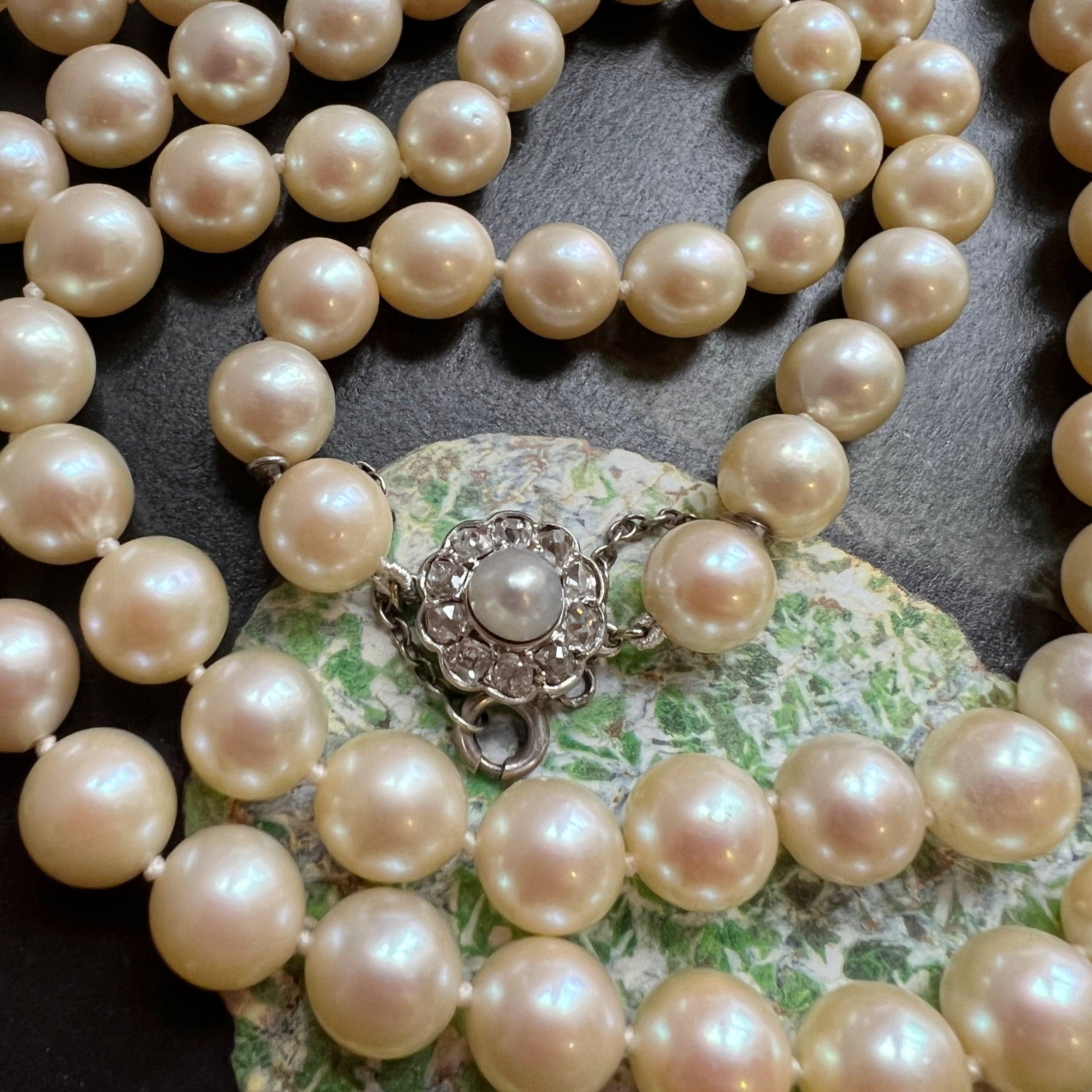 Stunning Art Deco Gold Pearl Opera Long Necklace with Diamond cluster Clasp - Curiously timeless