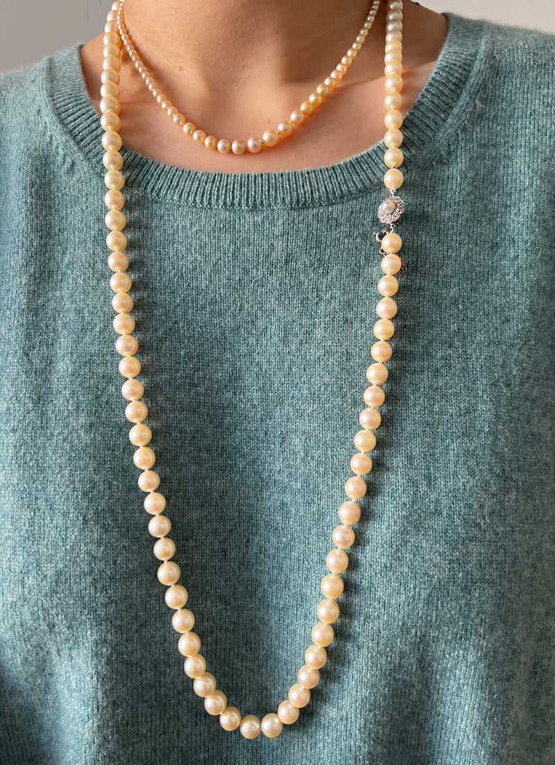 Stunning Art Deco Gold Pearl Opera Long Necklace with Diamond cluster Clasp