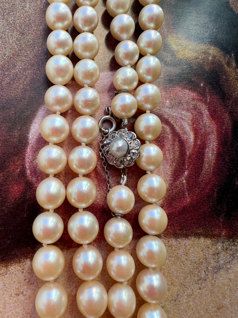 Stunning Art Deco Gold Pearl Opera Long Necklace with Diamond cluster Clasp