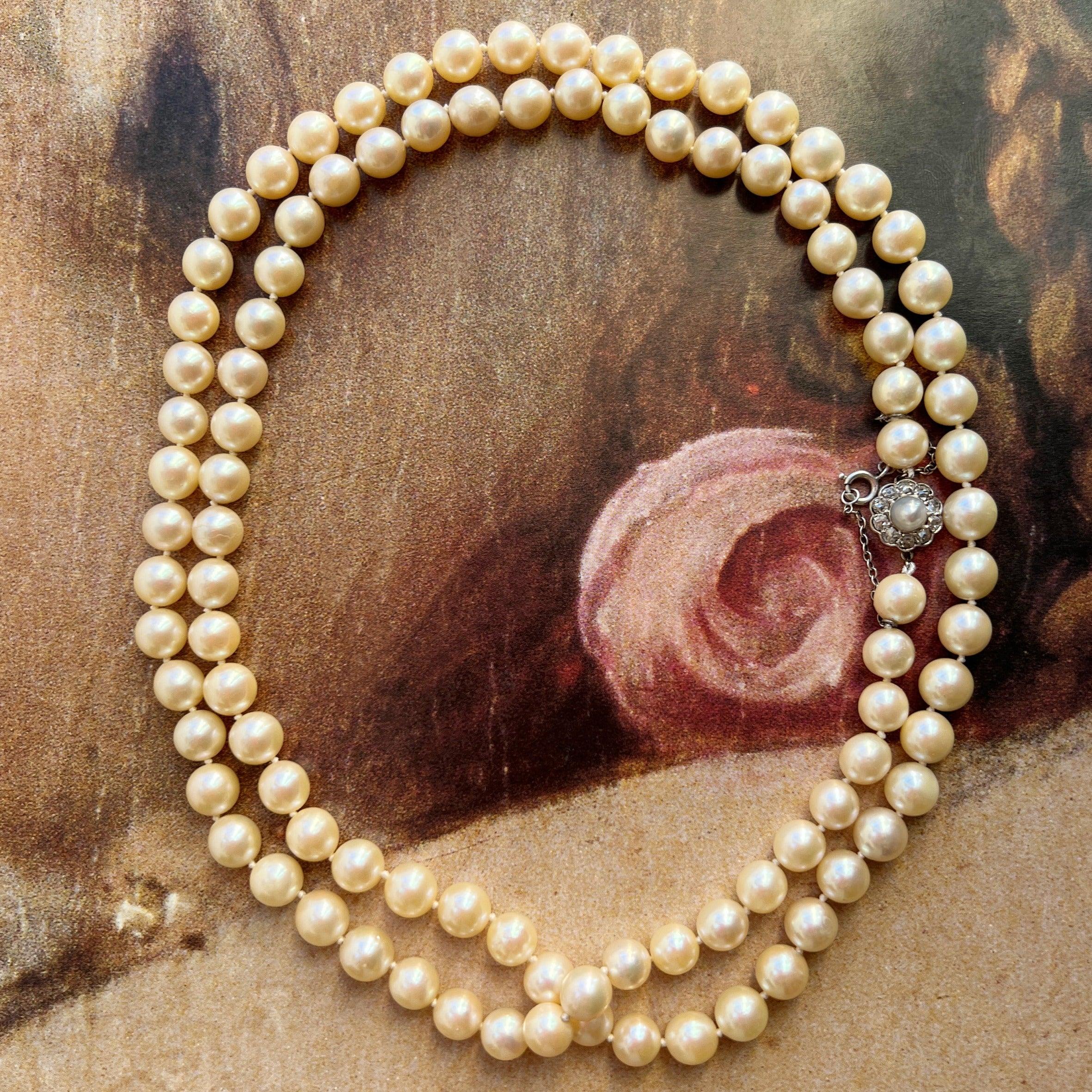 Stunning Art Deco Gold Pearl Opera Long Necklace with Diamond cluster Clasp - Curiously timeless