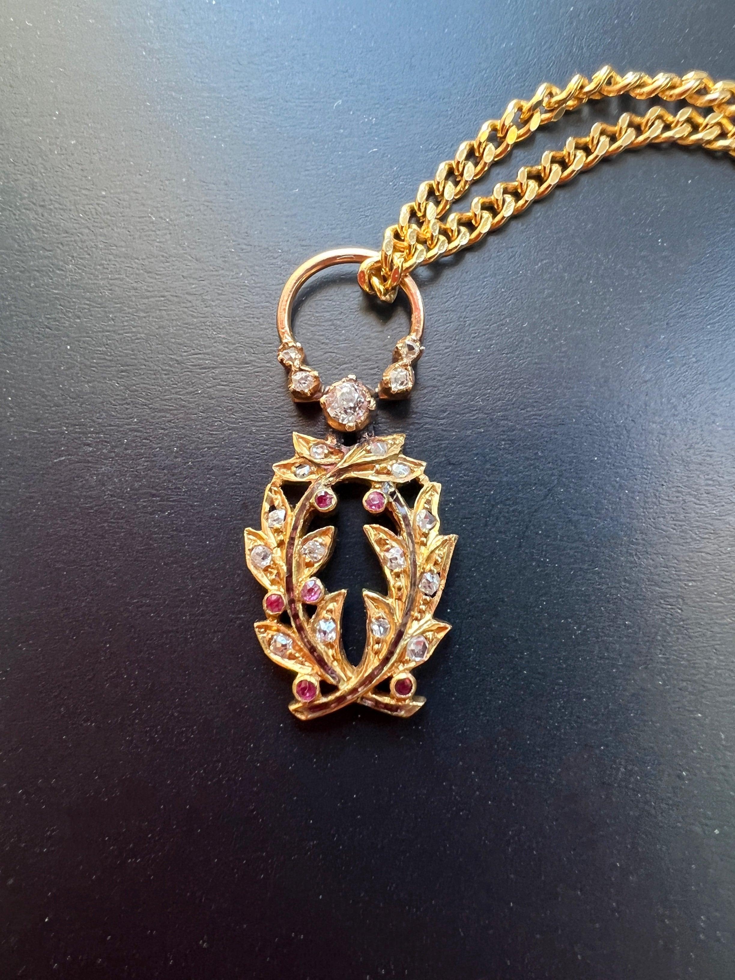 Lovely French vintage 18K gold diamond ruby laurel pendant - Curiously timeless