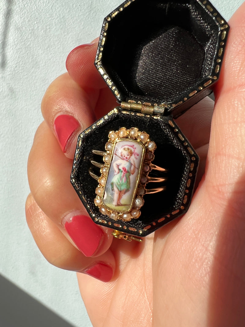 Victorian era 18k Gold Pearl miniature portrait Ring