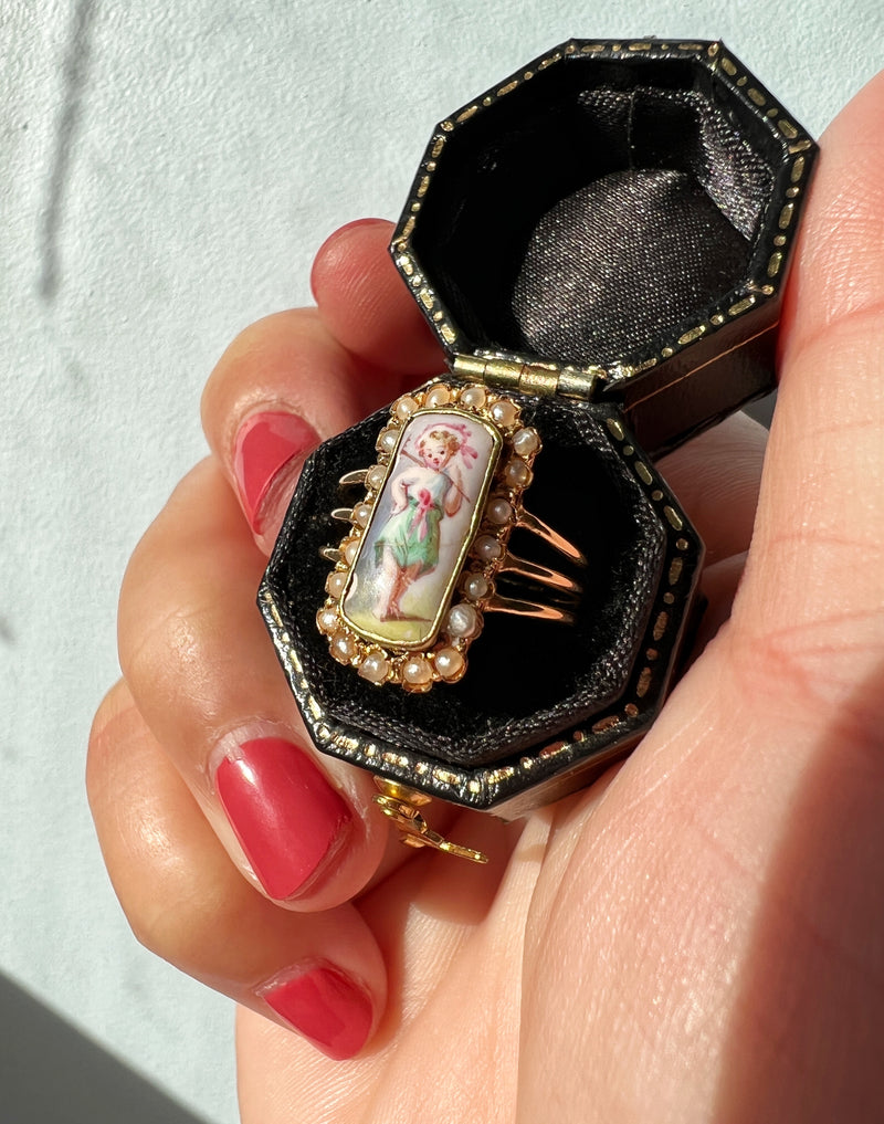 Victorian era 18k Gold Pearl miniature portrait Ring