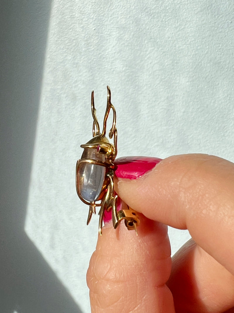 Rare Beautiful Moonstone Ruby Scarab 18K gold brooch