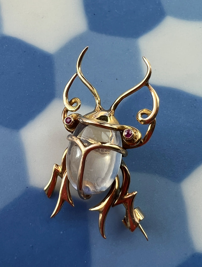 Rare Beautiful Moonstone Ruby Scarab 18K gold brooch