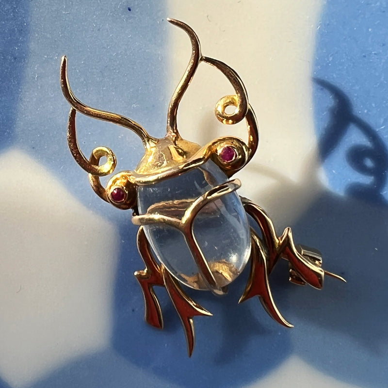 Rare Beautiful Moonstone Ruby Scarab 18K gold brooch