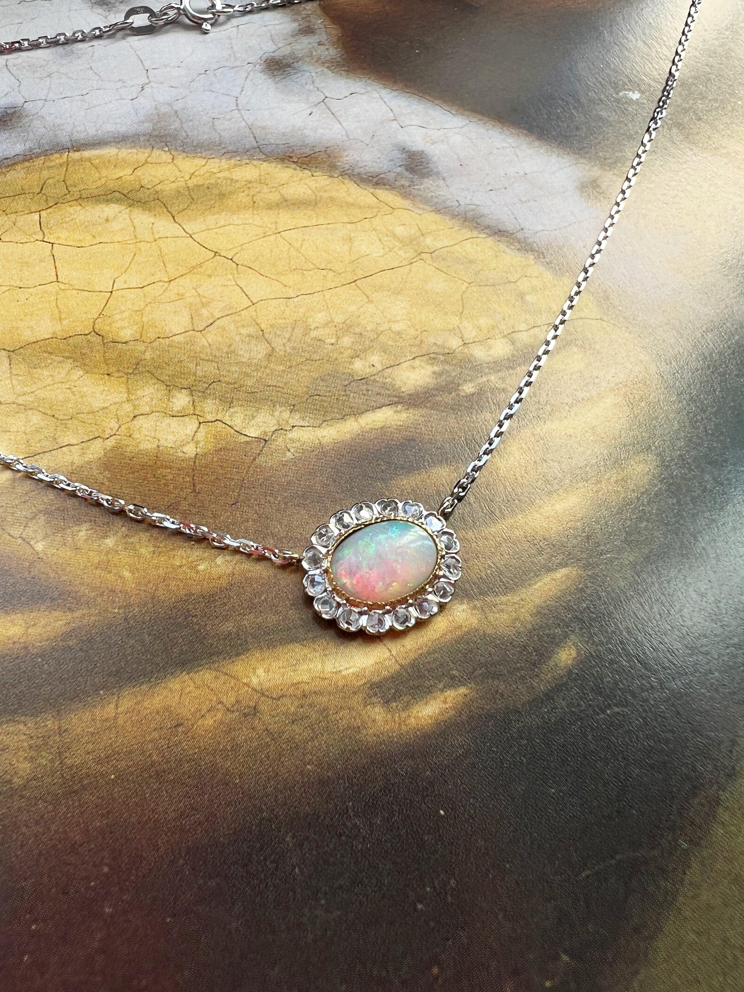 Sparkle Antique Opal Diamond 18K white gold necklace - Curiously timeless