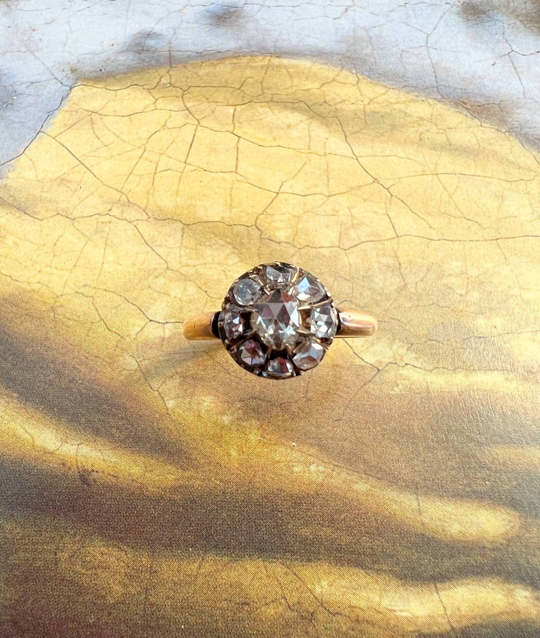 Sweet Antique 18K gold Rose cut diamond cluster ring - Curiously timeless