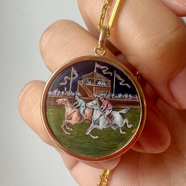 Rare & beautiful 18K gold antique horse race pendant