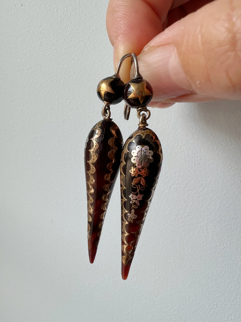 Victorian era shell gold floral inlay earrings