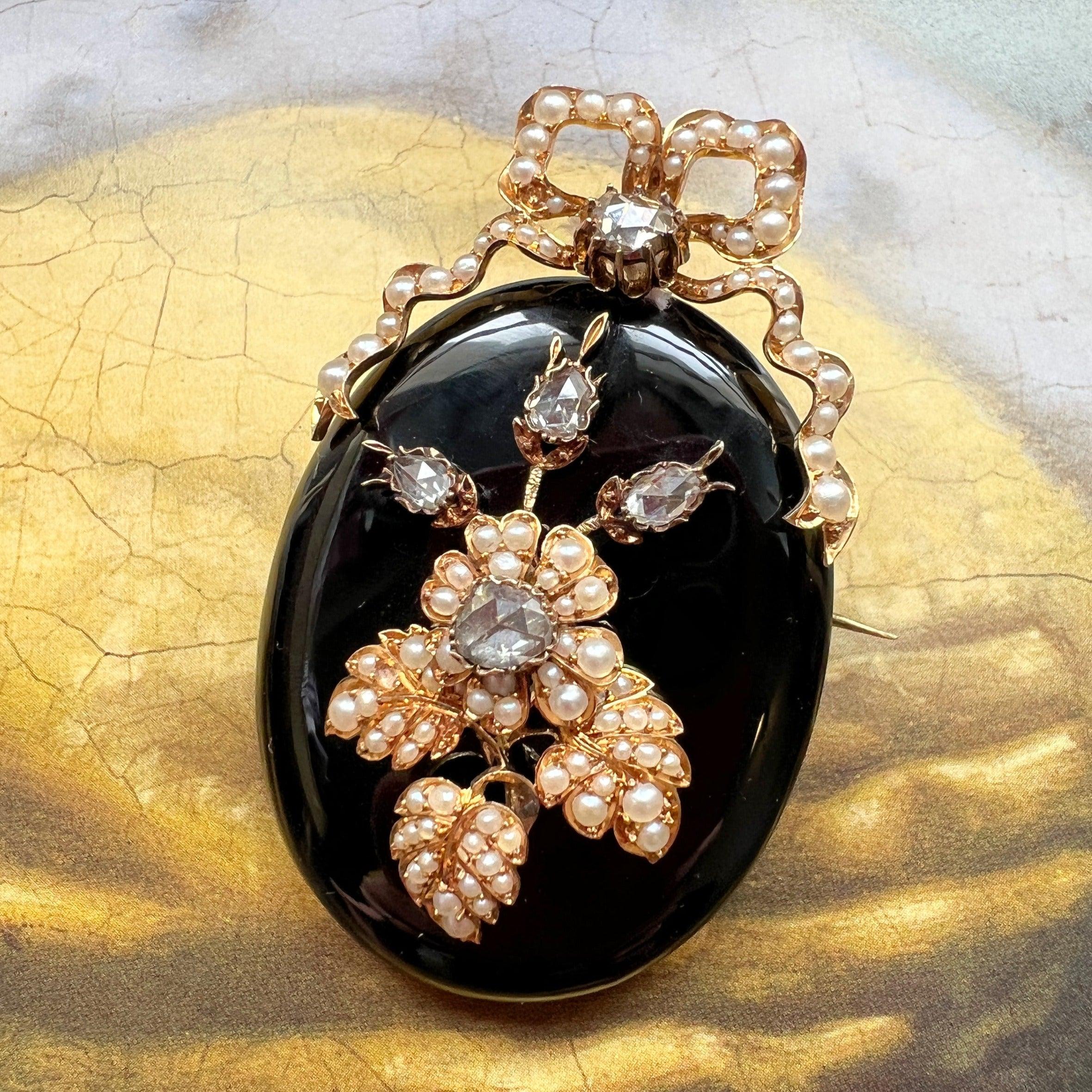 Spectacular 18k gold onyx diamond seed pearl pendant brooch - Curiously timeless