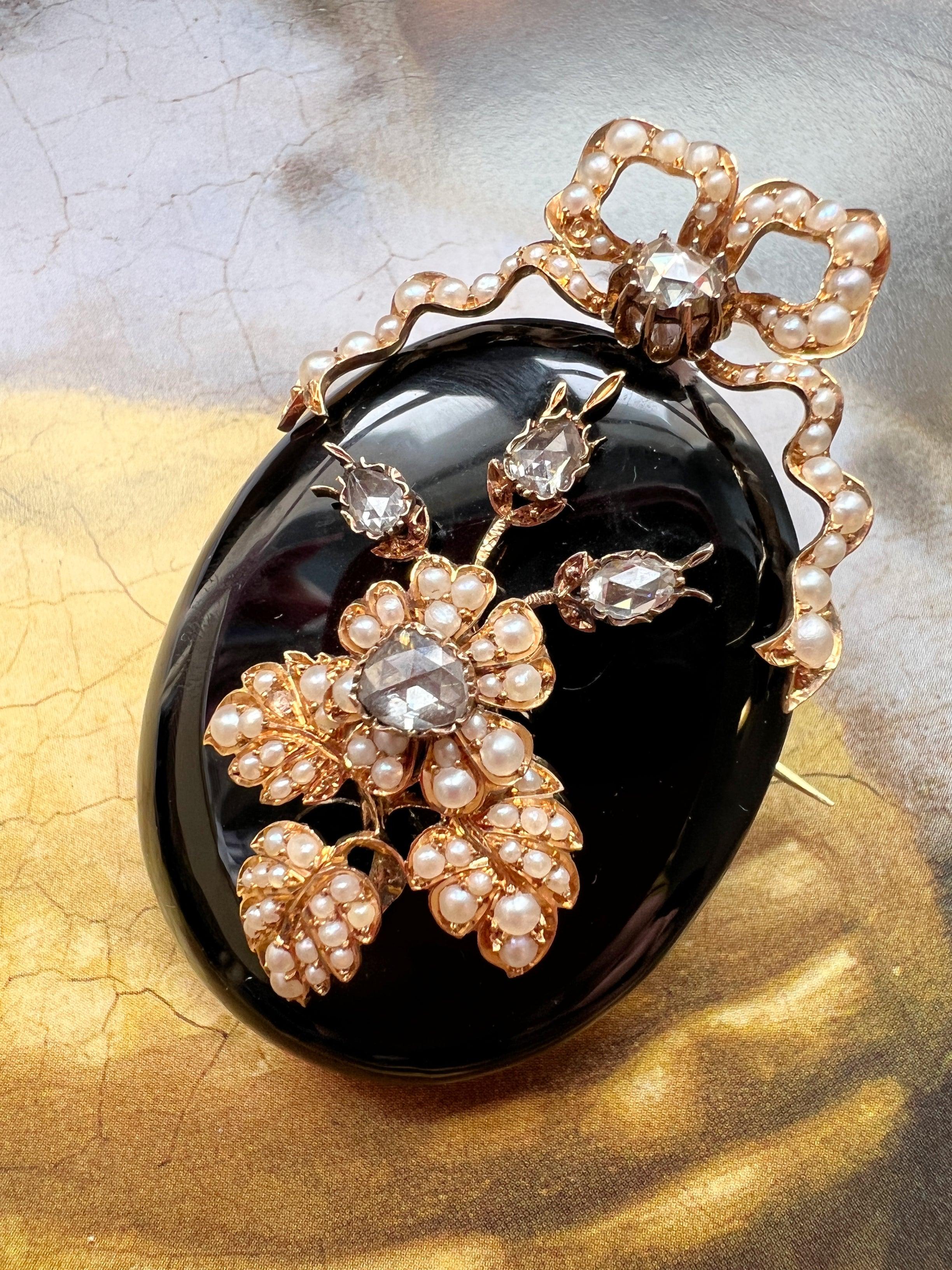 Spectacular 18k gold onyx diamond seed pearl pendant brooch - Curiously timeless