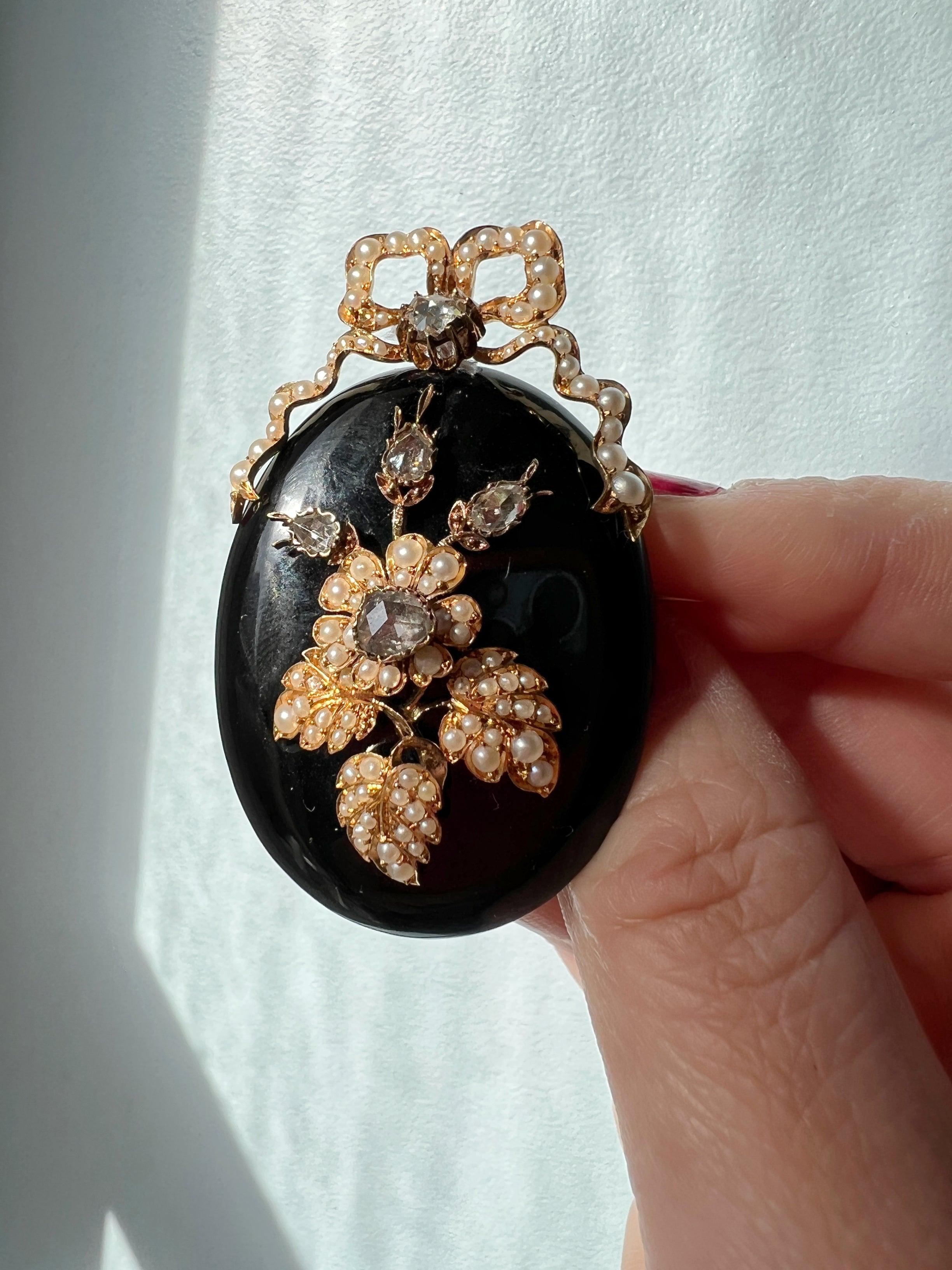 Spectacular 18k gold onyx diamond seed pearl pendant brooch - Curiously timeless