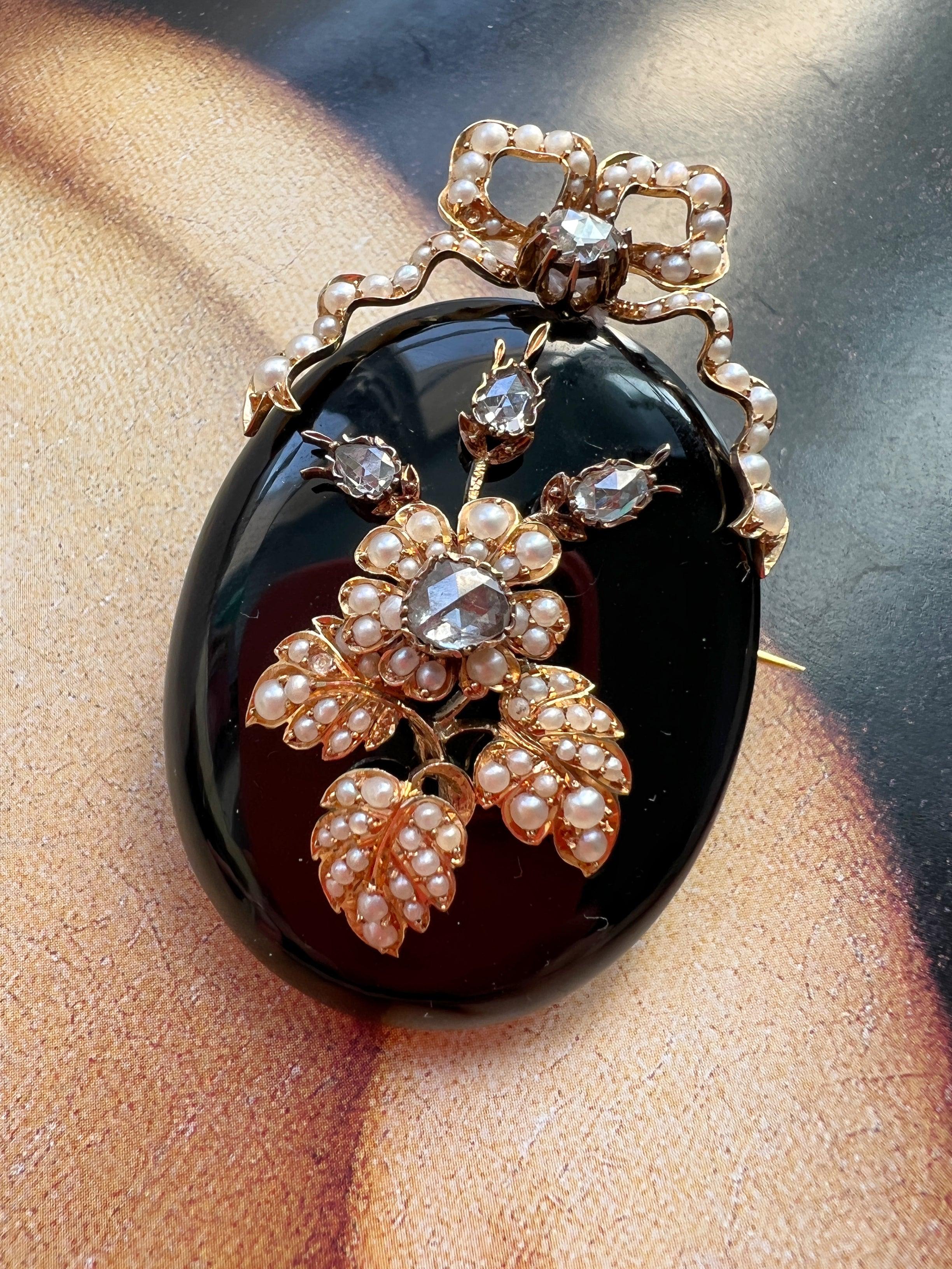 Spectacular 18k gold onyx diamond seed pearl pendant brooch - Curiously timeless