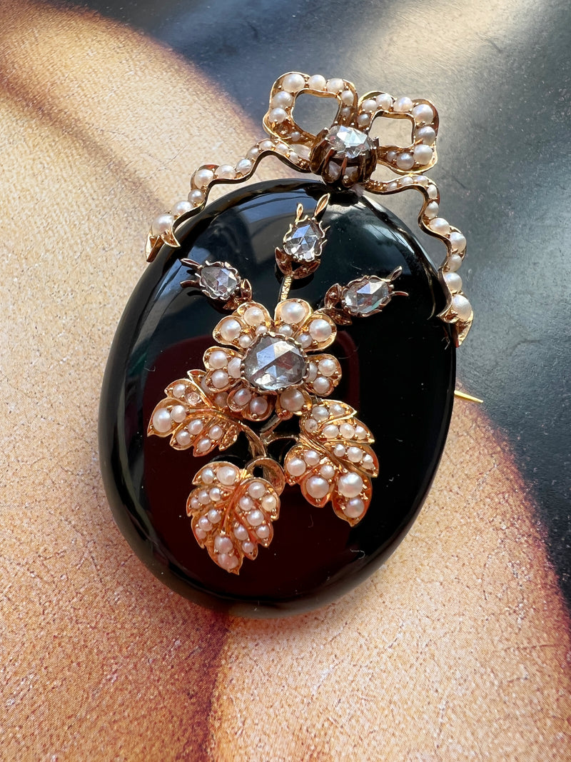 Spectacular 18k gold onyx diamond seed pearl pendant brooch