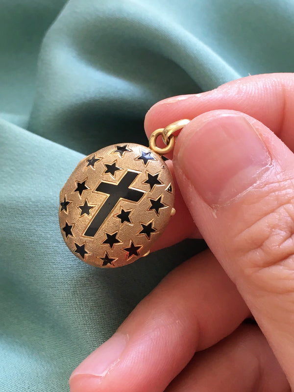 Victorian 18K gold enamel star cross photo locket pendant