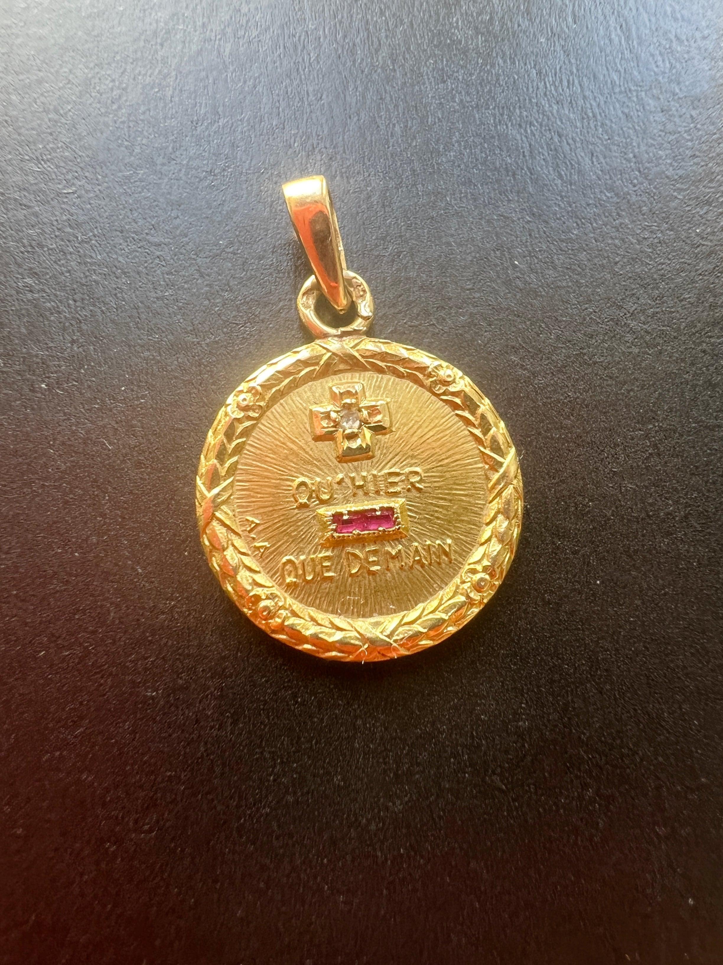 Vintage French Augis 18K gold “more than yesterday, less than tomorrow” love medal pendant - Curiously timeless