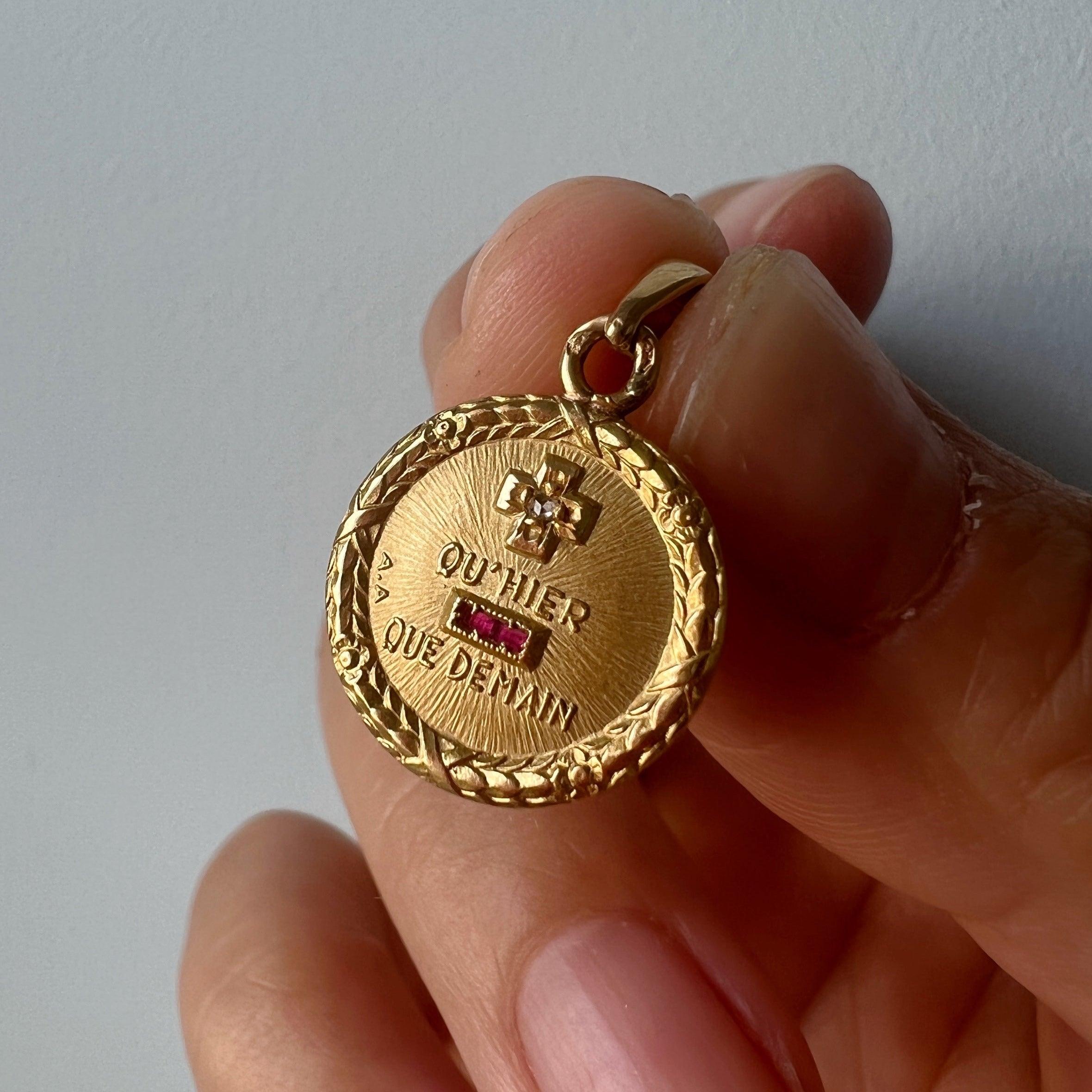 Vintage French Augis 18K gold “more than yesterday, less than tomorrow” love medal pendant - Curiously timeless