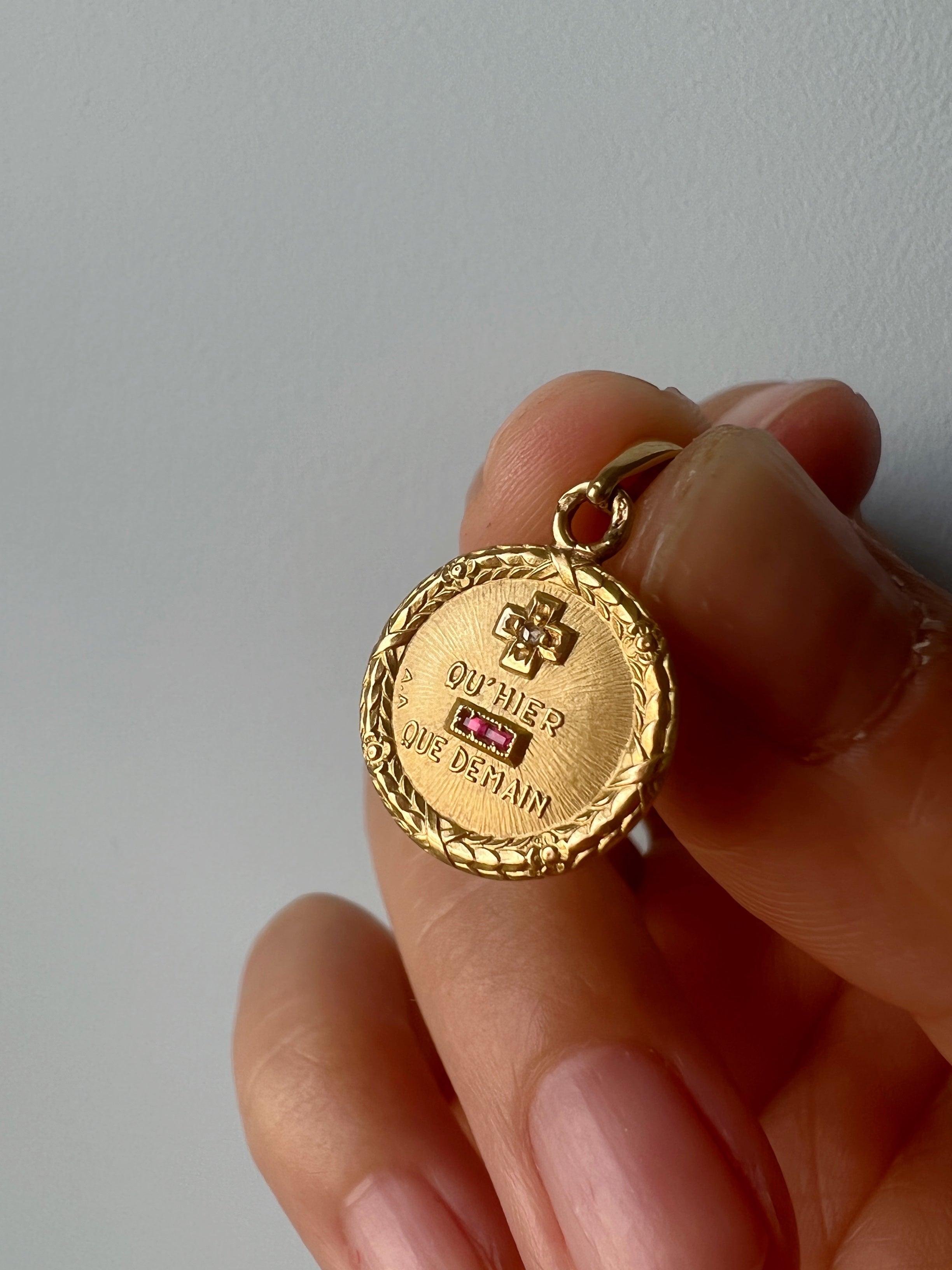 Vintage French Augis 18K gold “more than yesterday, less than tomorrow” love medal pendant - Curiously timeless