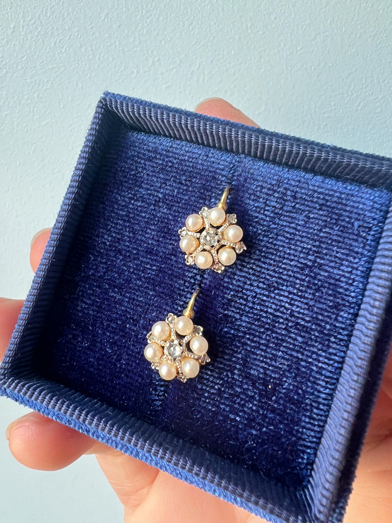 Victorian era 18K gold pearl diamond rock crystal snowflake earrings