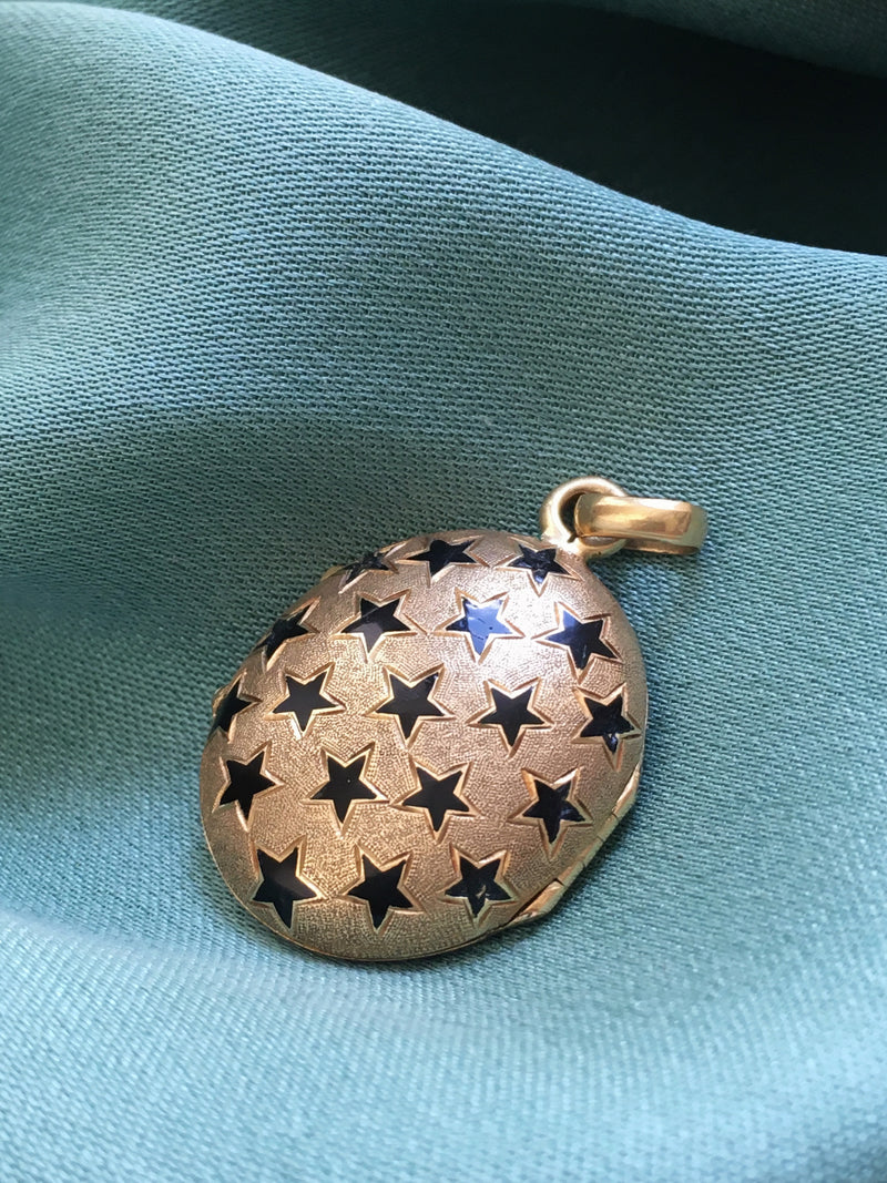 Victorian 18K gold enamel star cross photo locket pendant