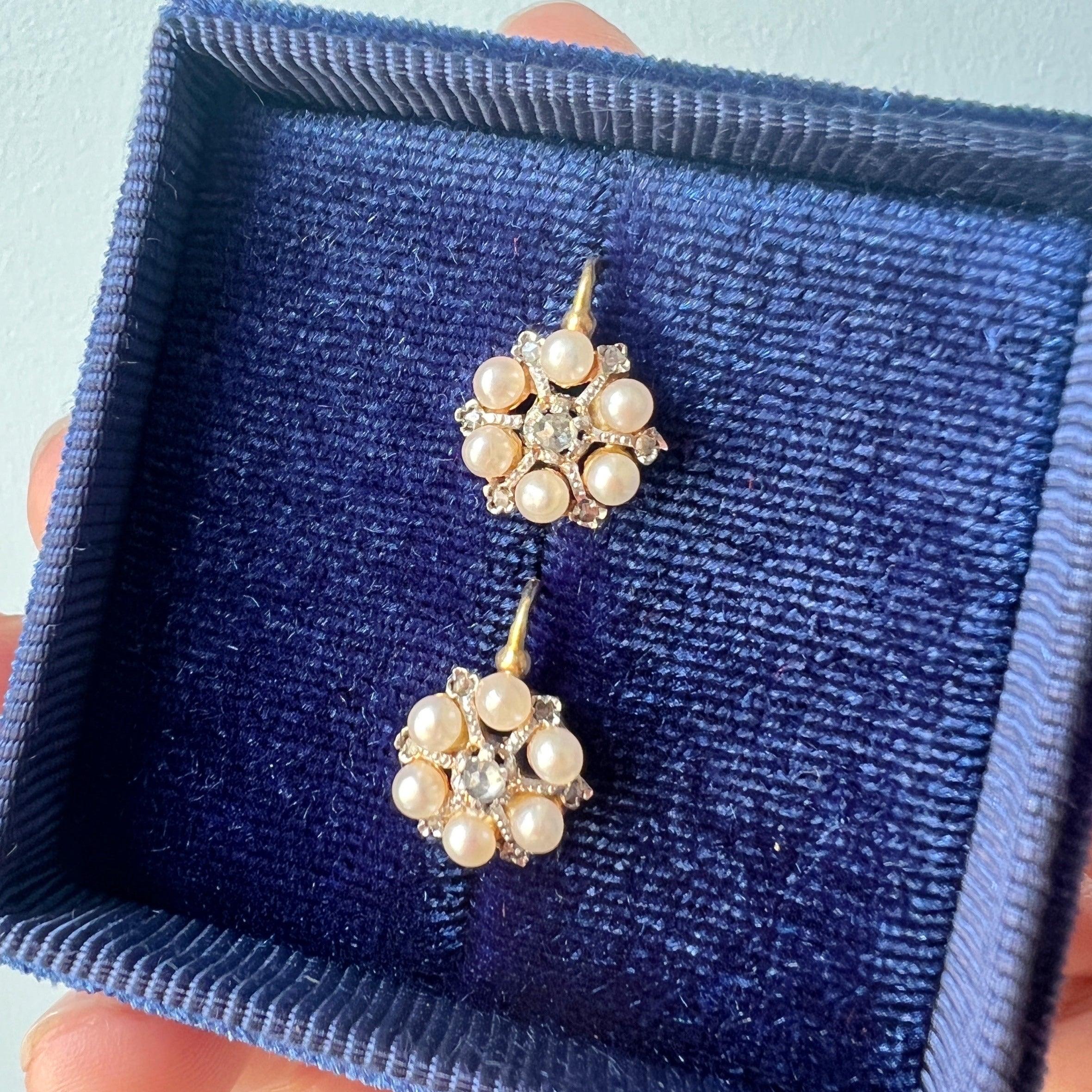 Victorian era 18K gold pearl diamond rock crystal snowflake earrings - Curiously timeless