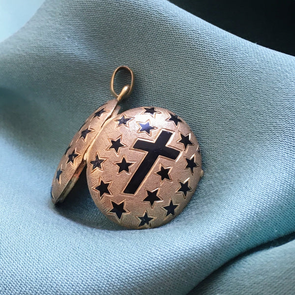 Victorian 18K gold enamel star cross photo locket pendant