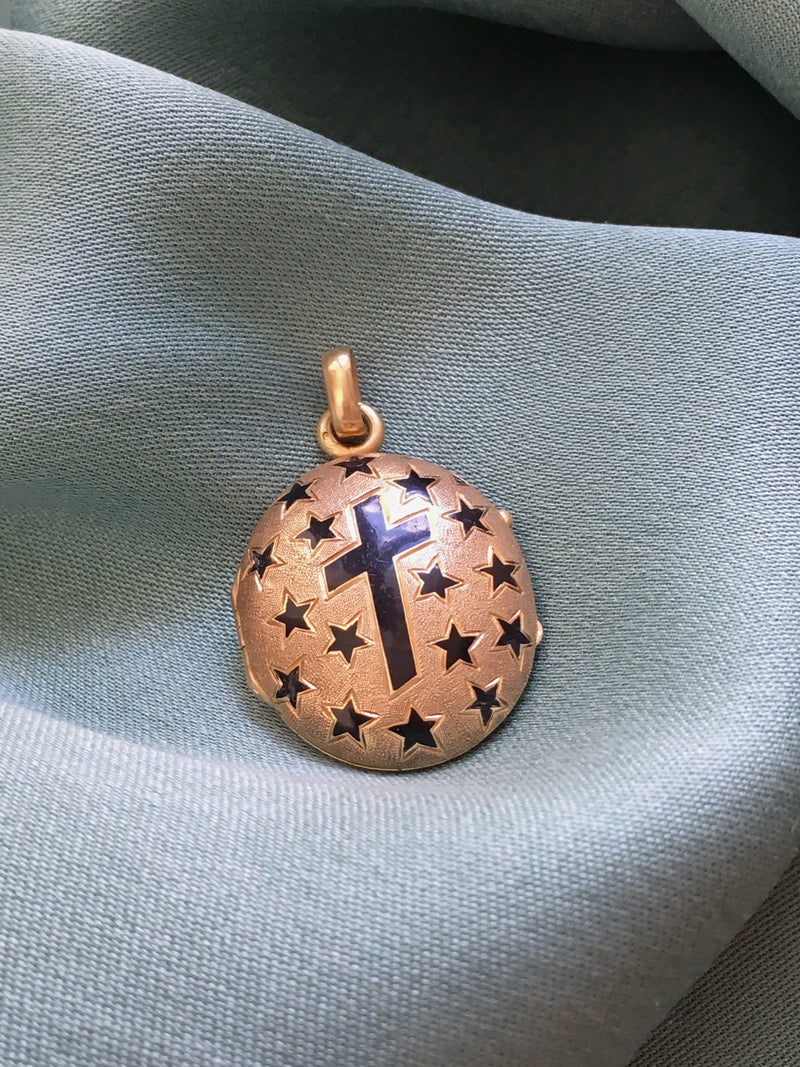 Victorian 18K gold enamel star cross photo locket pendant