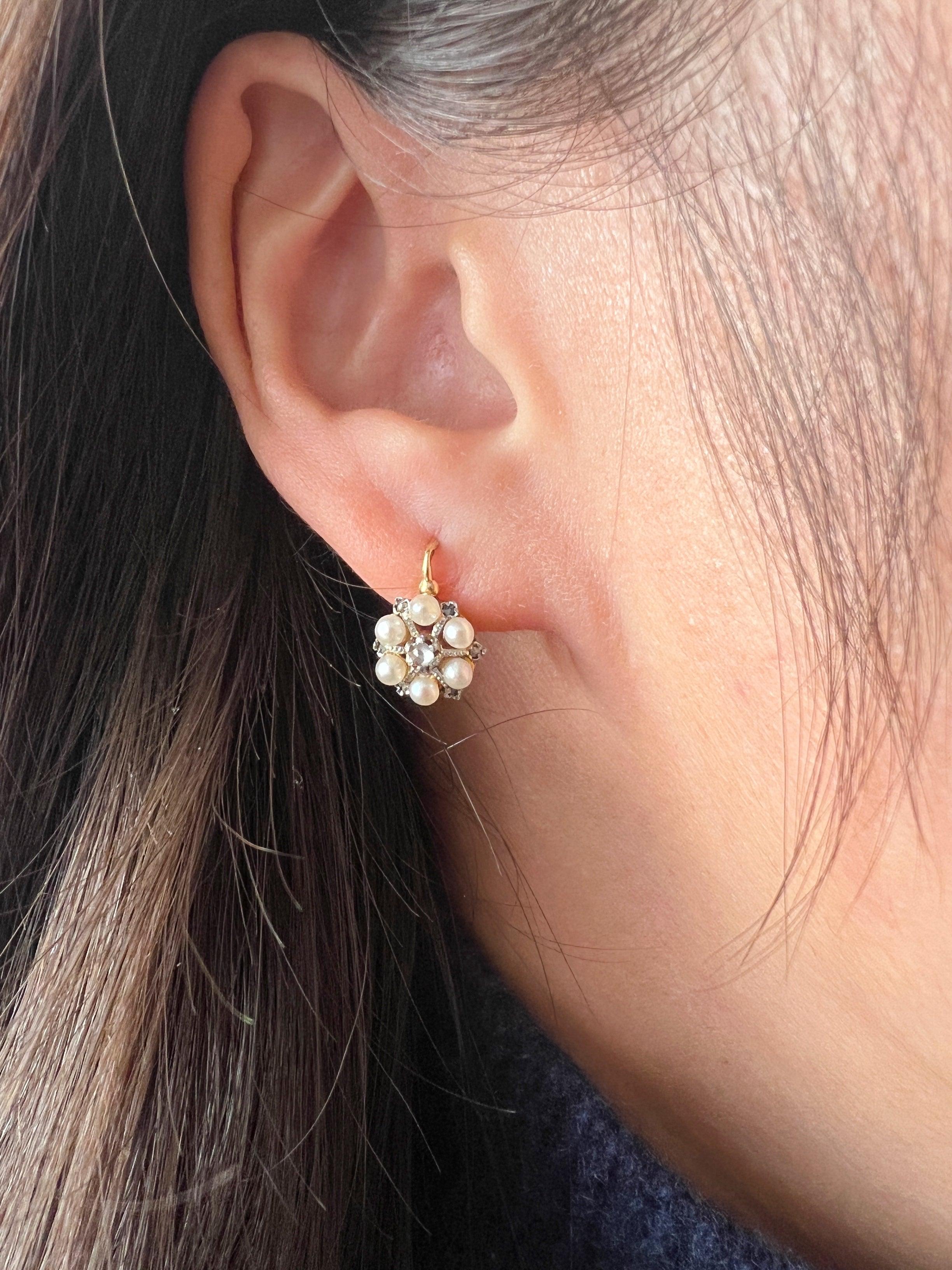 Victorian era 18K gold pearl diamond rock crystal snowflake earrings - Curiously timeless