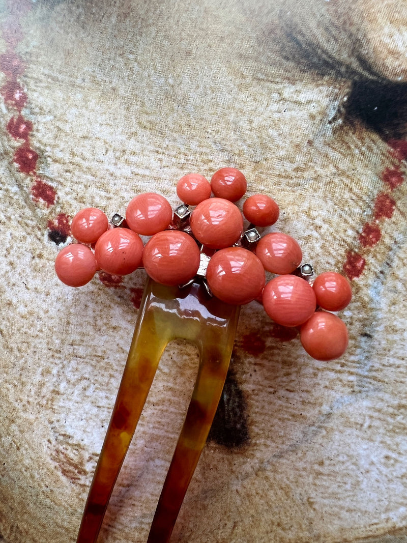 Antique coral pearl beads hair comb