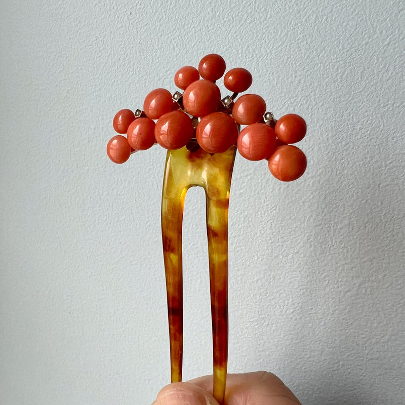 Antique coral pearl beads hair comb