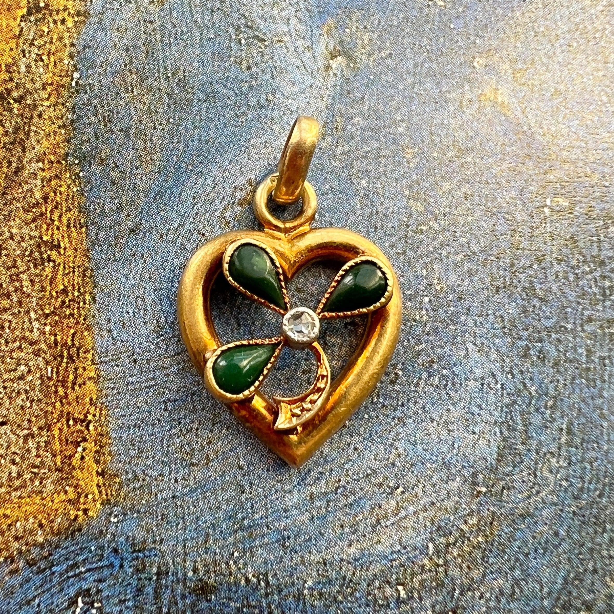 Sweet antique 18K gold Shamrock Clover heart diamond pendant - Curiously timeless