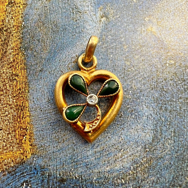 Sweet antique 18K gold Shamrock Clover heart diamond pendant