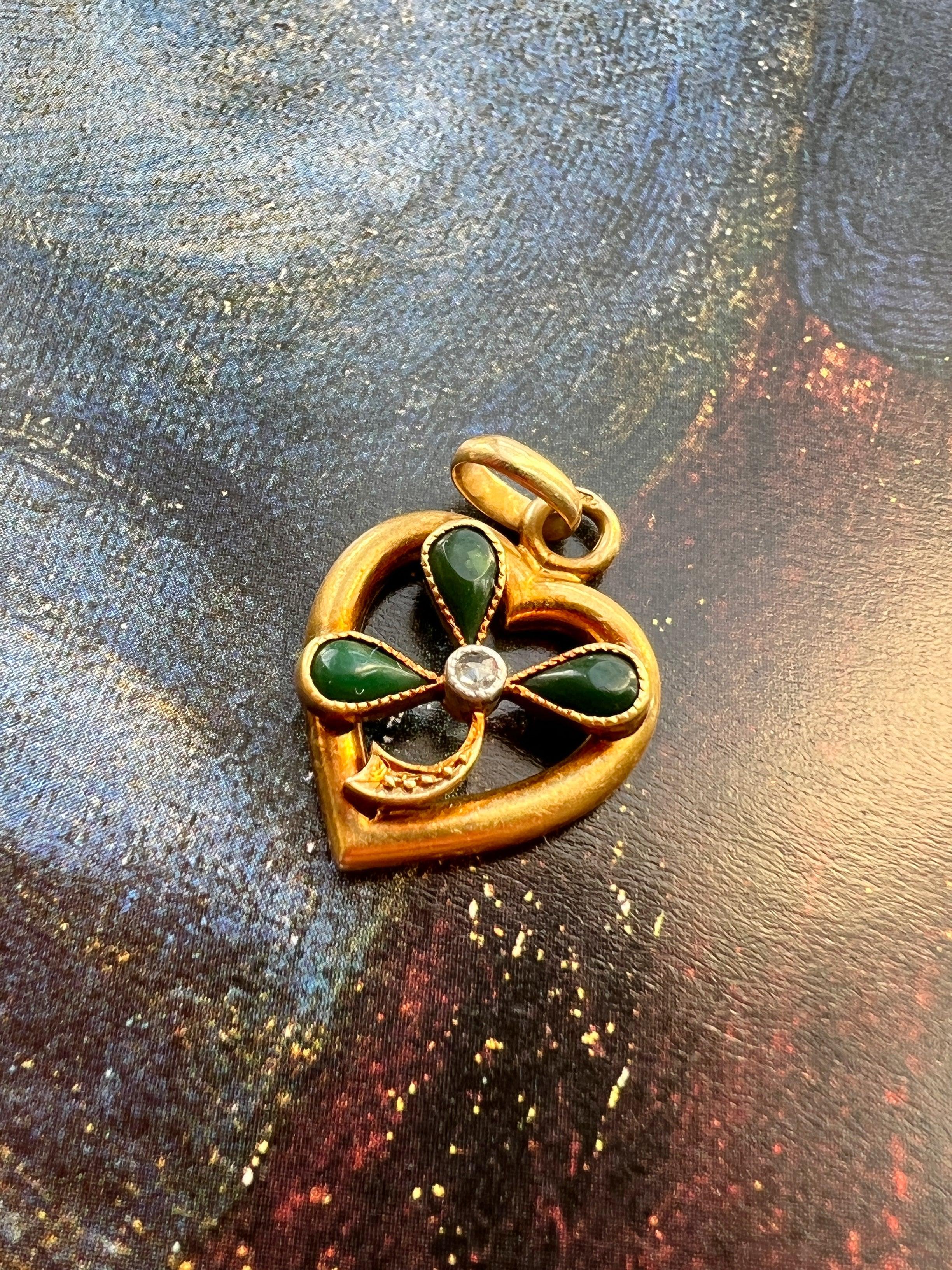 Sweet antique 18K gold Shamrock Clover heart diamond pendant - Curiously timeless