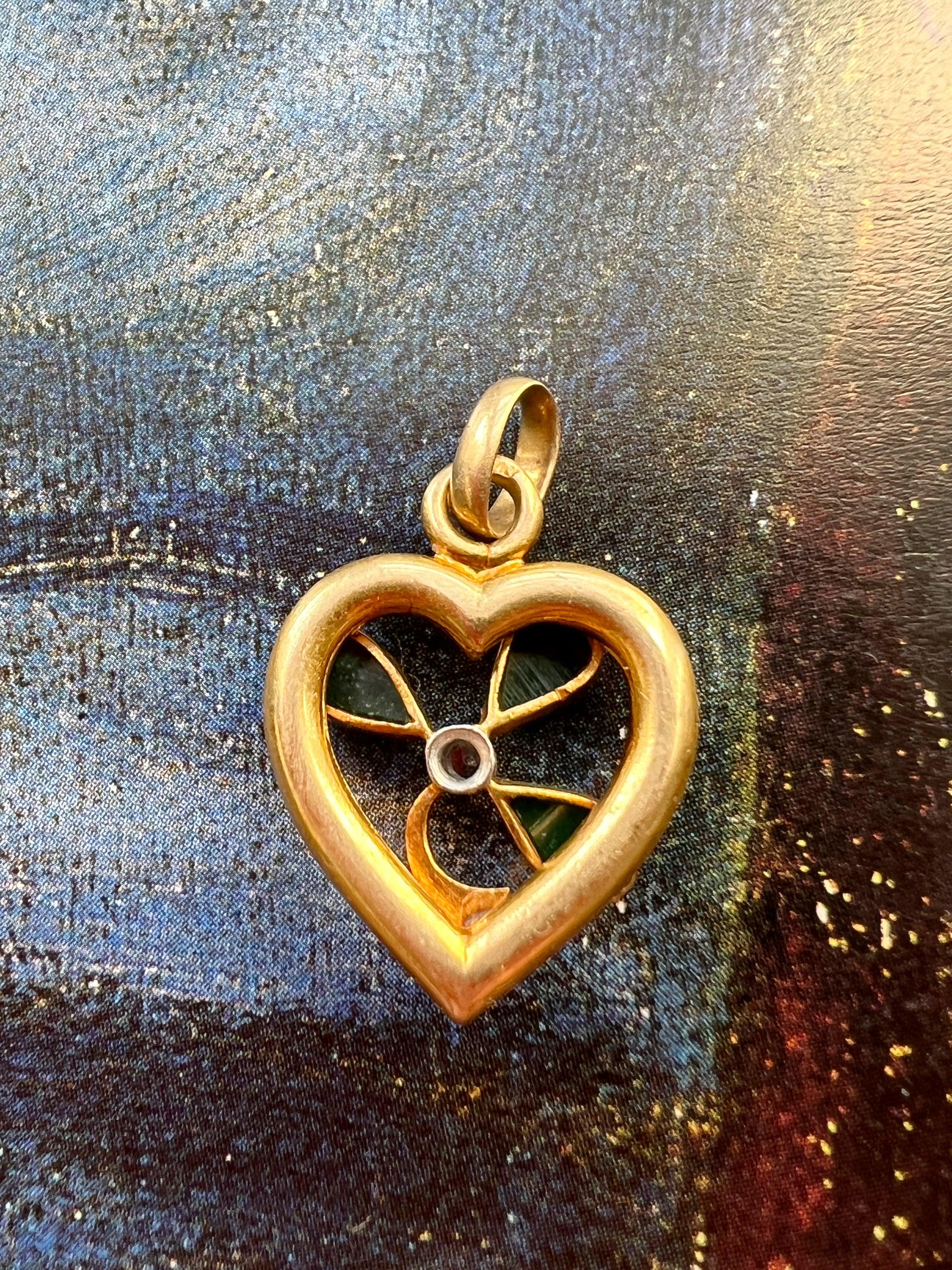 Sweet antique 18K gold Shamrock Clover heart diamond pendant - Curiously timeless