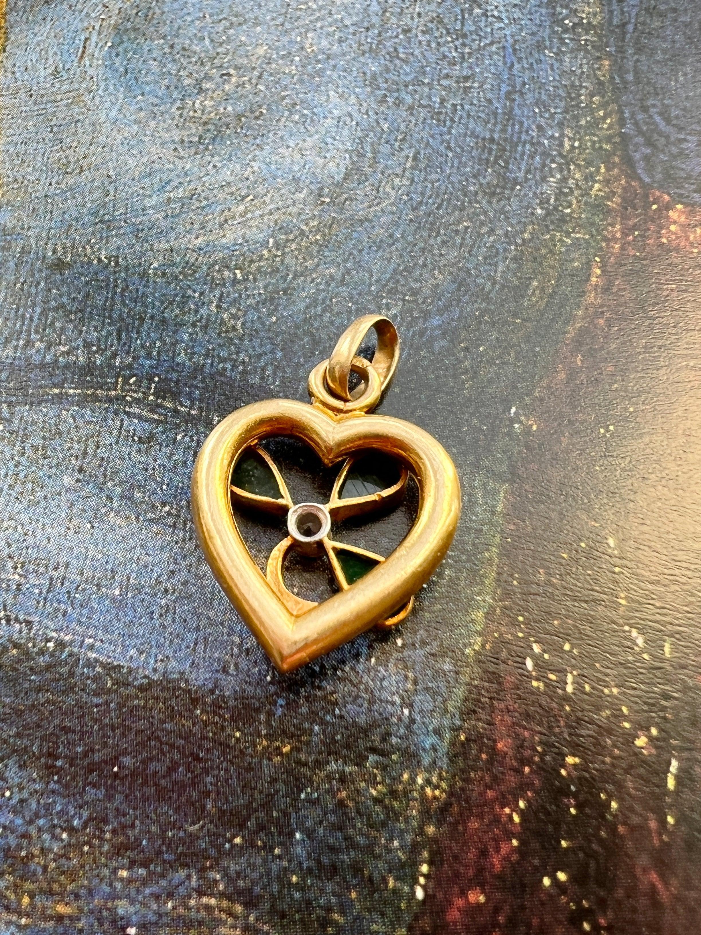 Sweet antique 18K gold Shamrock Clover heart diamond pendant - Curiously timeless