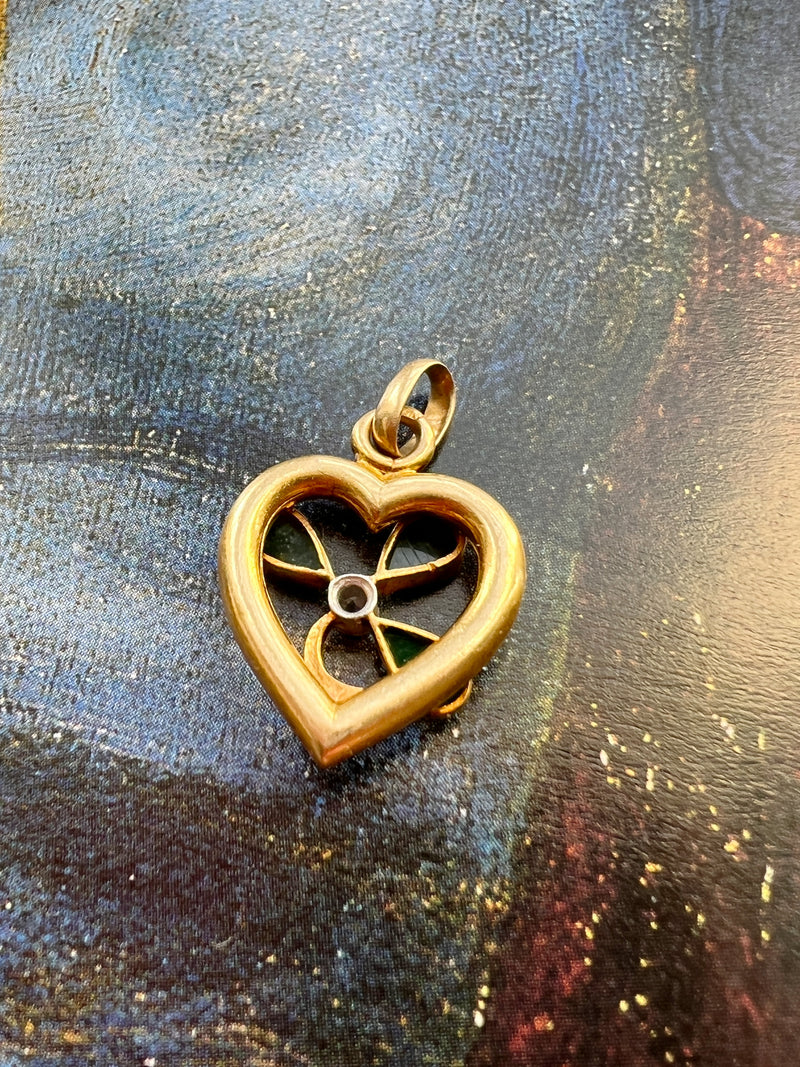 Sweet antique 18K gold Shamrock Clover heart diamond pendant