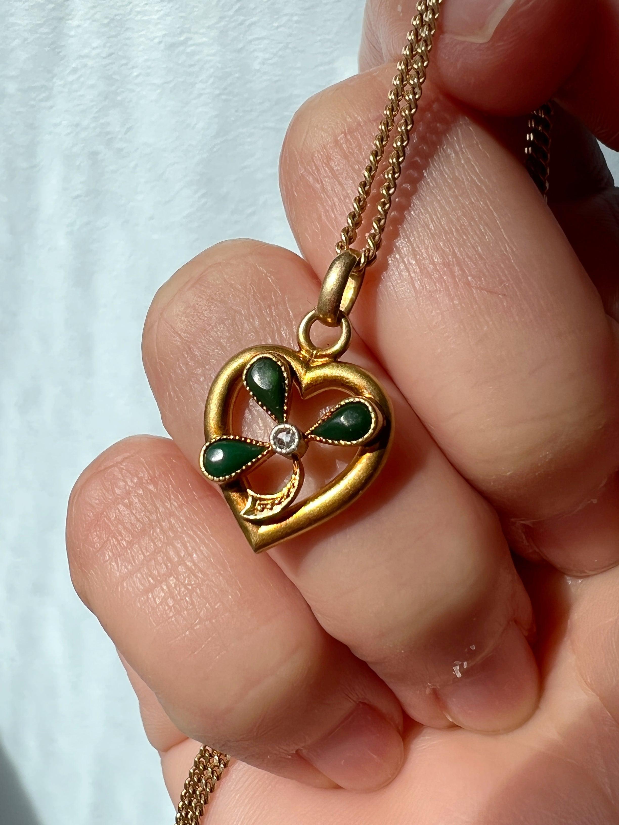 Sweet antique 18K gold Shamrock Clover heart diamond pendant - Curiously timeless