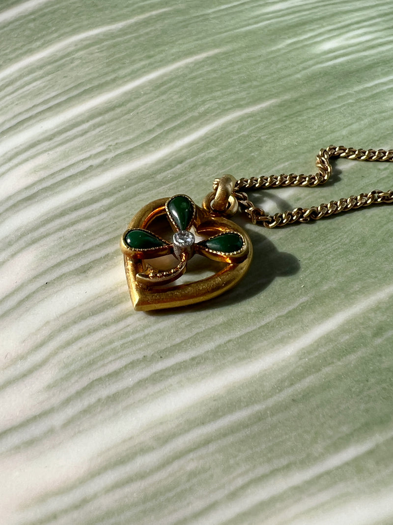 Sweet antique 18K gold Shamrock Clover heart diamond pendant