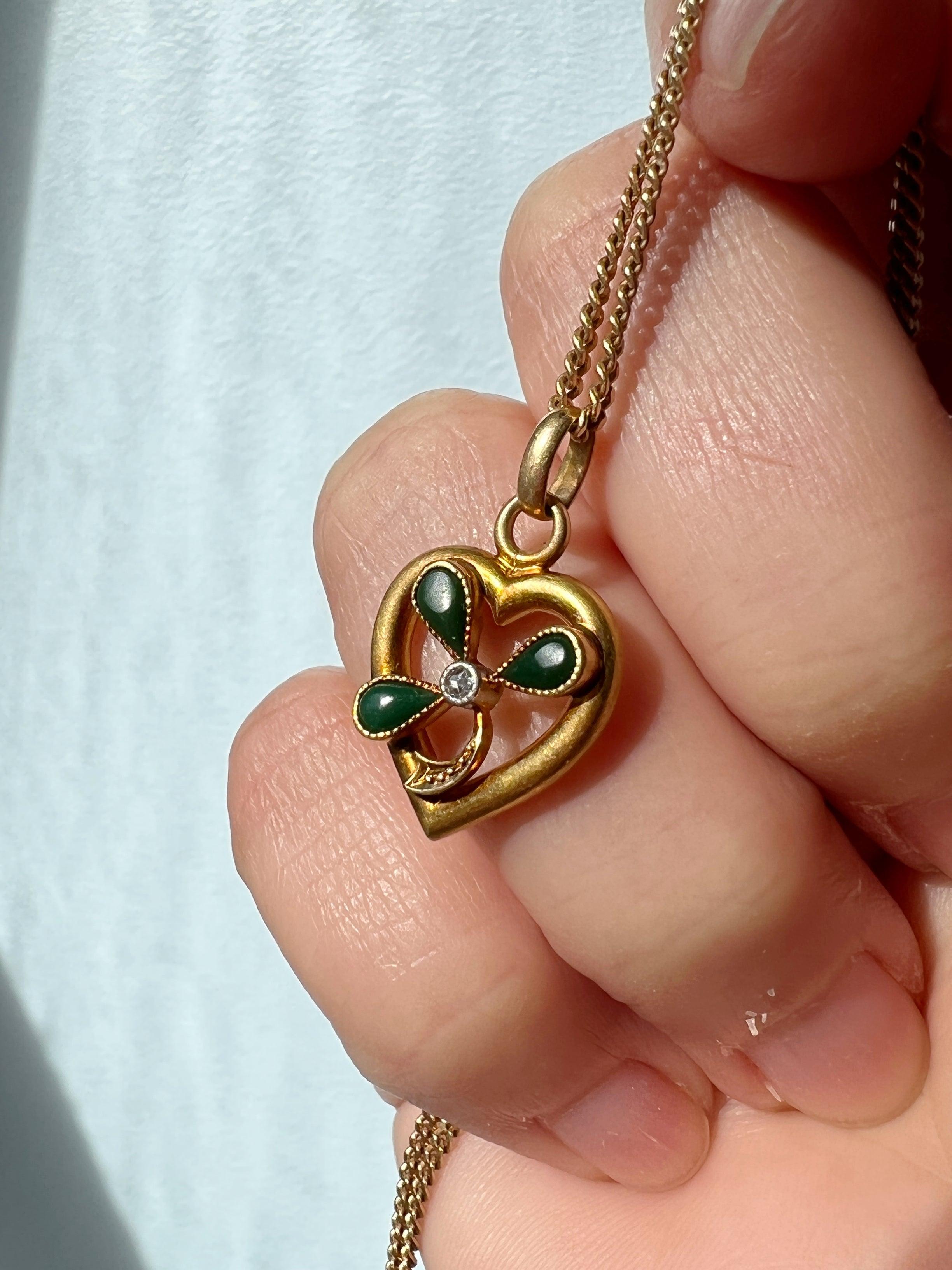 Sweet antique 18K gold Shamrock Clover heart diamond pendant - Curiously timeless