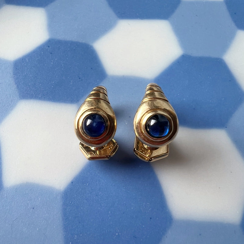 French vintage 18K gold blue sapphire snake tail earrings