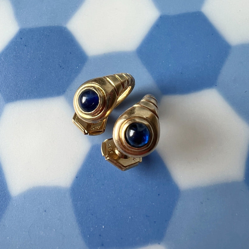 French vintage 18K gold blue sapphire snake tail earrings