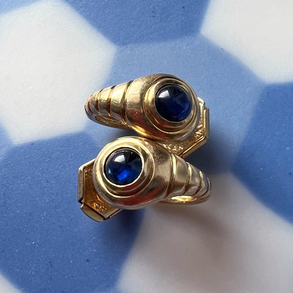 French vintage 18K gold blue sapphire snake tail earrings