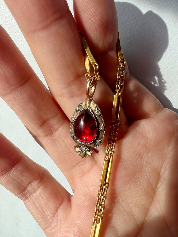 Victorian era 18K gold double sided garnet and diamond pendant