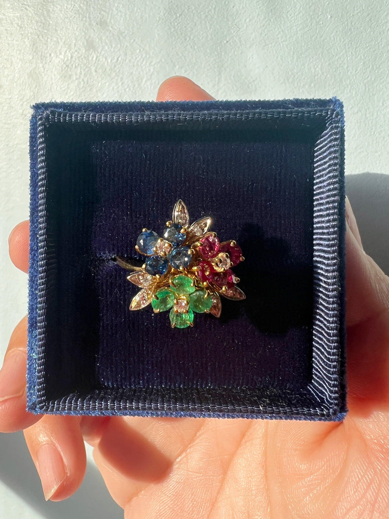 Vintage Tutti Frutti style 18K gold diamond blue sapphire ruby and emerald flower ring - Curiously timeless