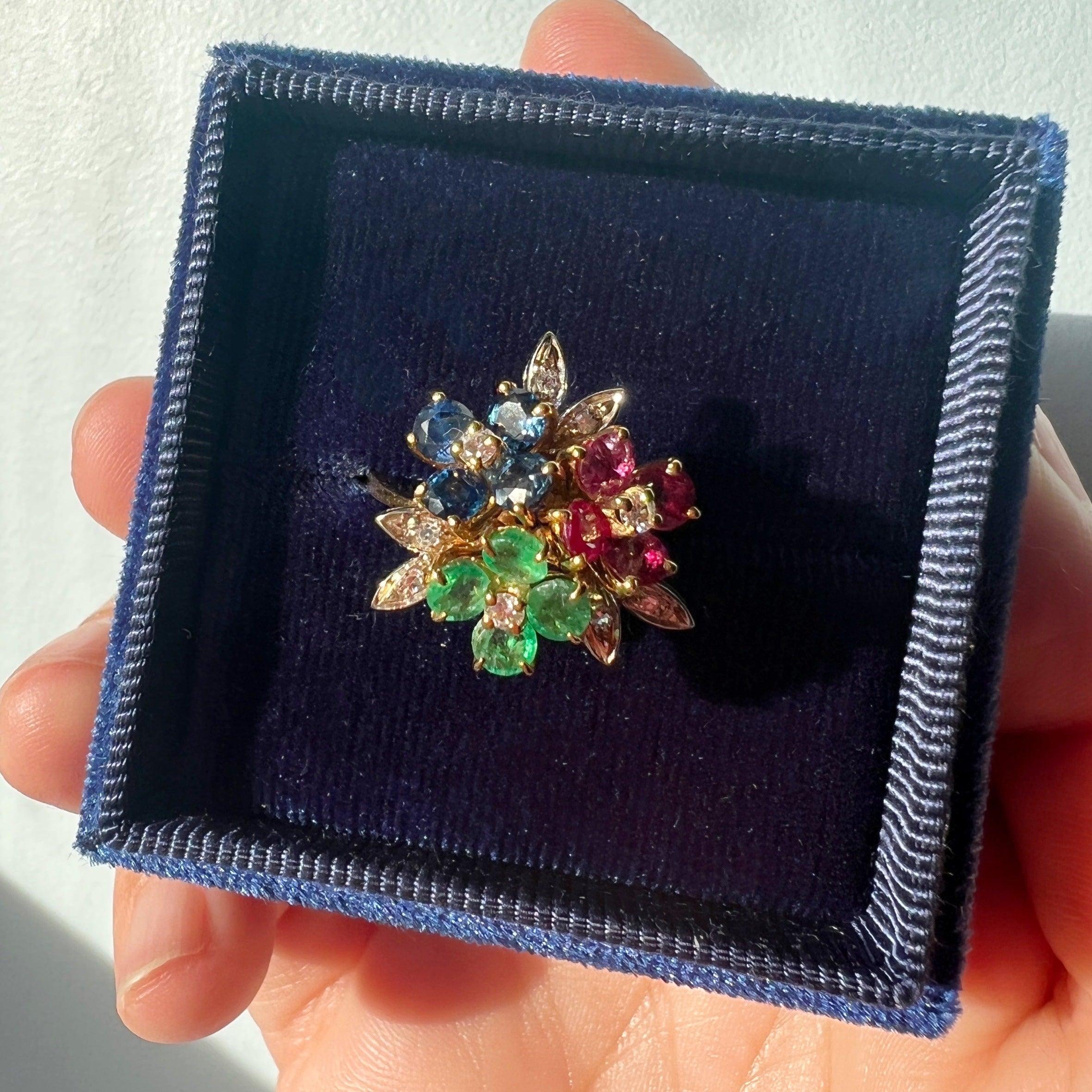 Vintage Tutti Frutti style 18K gold diamond blue sapphire ruby and emerald flower ring - Curiously timeless