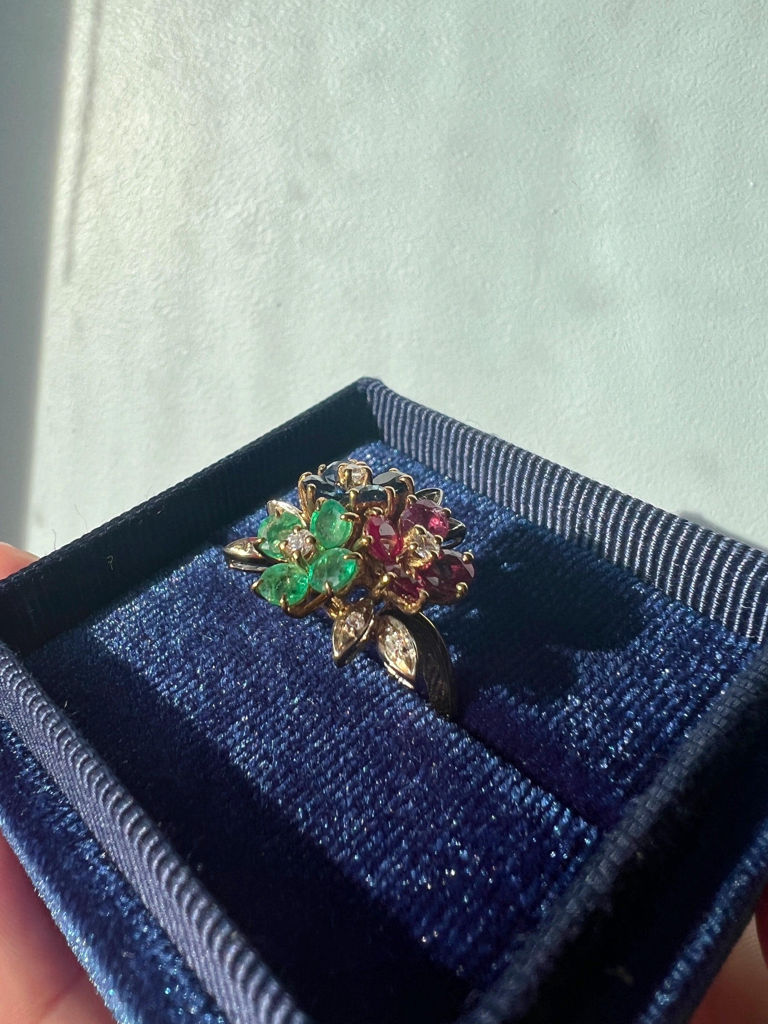 Vintage Tutti Frutti style 18K gold diamond blue sapphire ruby and emerald flower ring - Curiously timeless