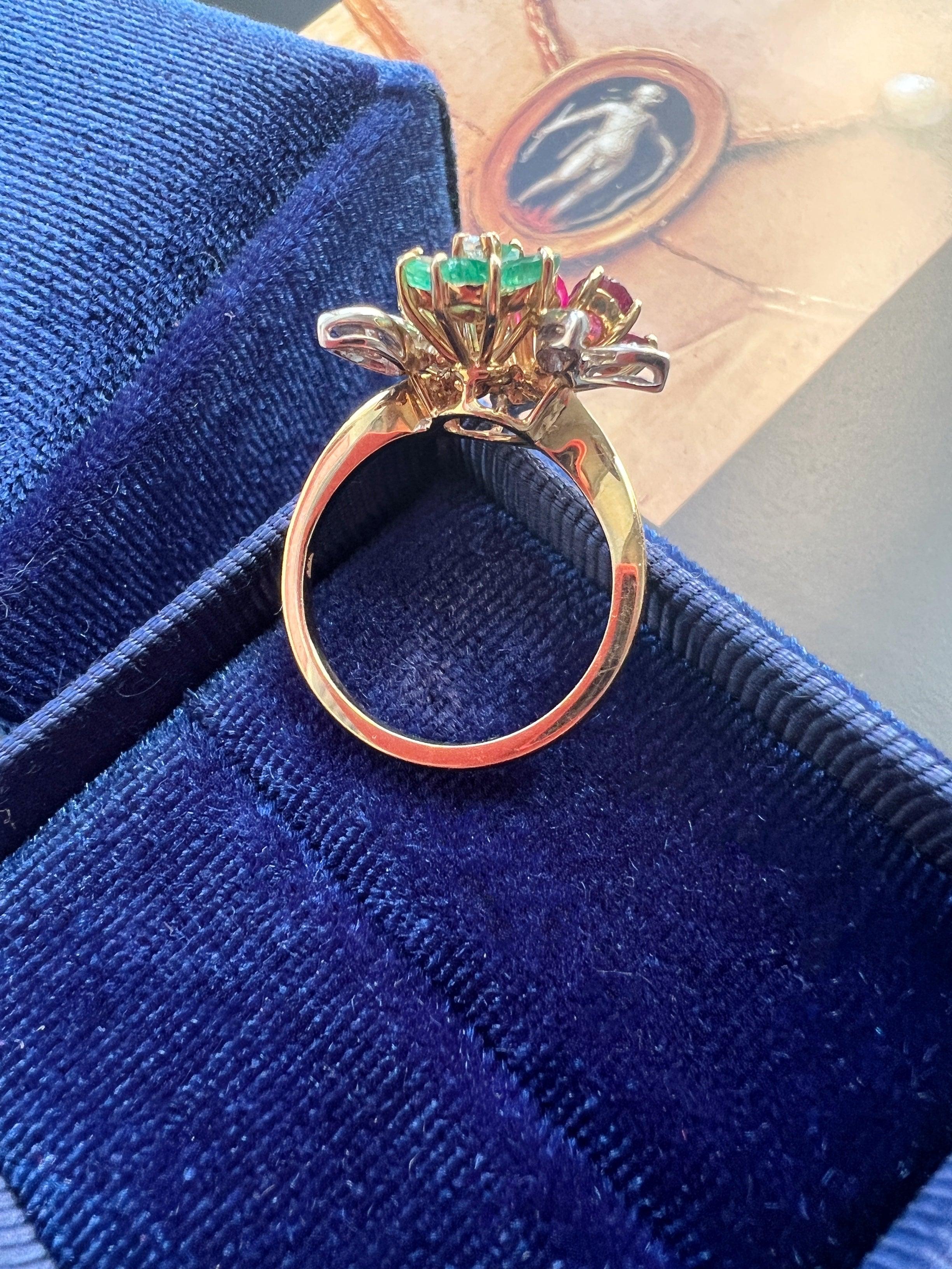 Vintage Tutti Frutti style 18K gold diamond blue sapphire ruby and emerald flower ring - Curiously timeless