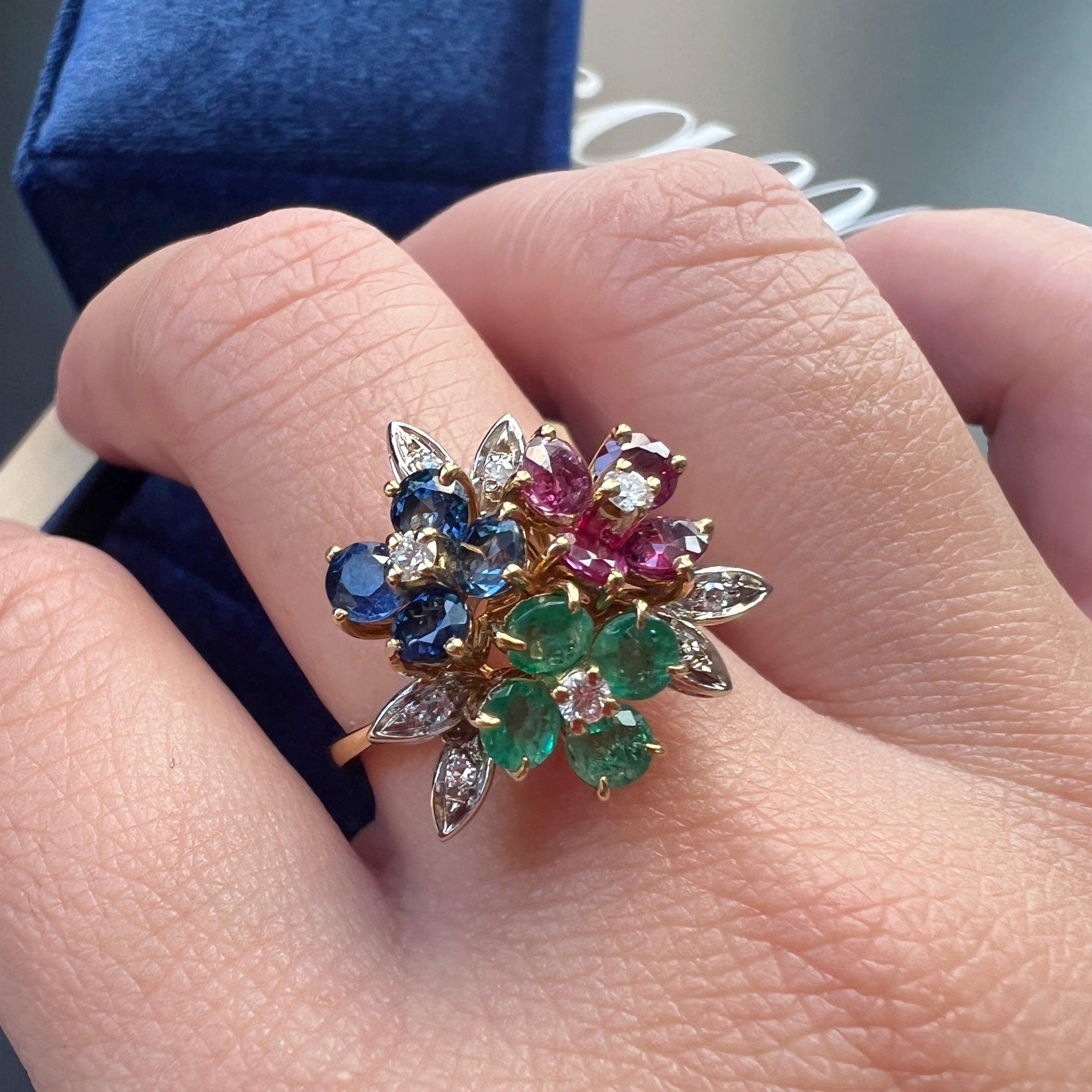 Vintage Tutti Frutti style 18K gold diamond blue sapphire ruby and emerald flower ring - Curiously timeless